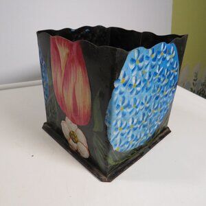 Vintage METAL Pot Cover Hand painted Tin Floral Hosley 1993 Planter Tulips